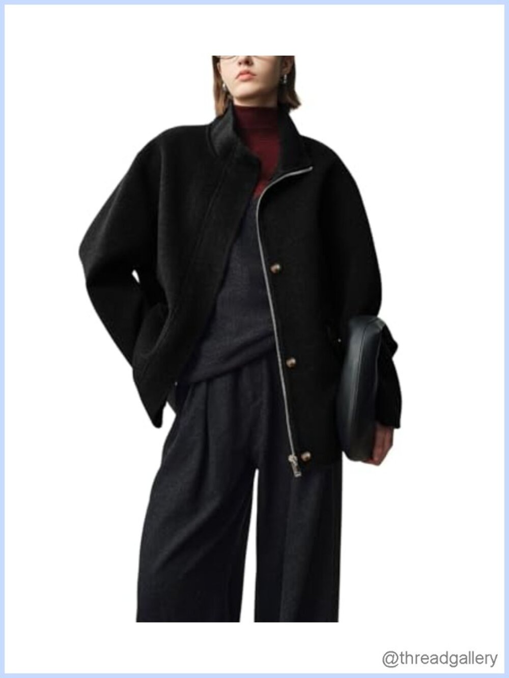 Wool Blend Pea Coat Zip Up Button Stand Collar Pockets Winter